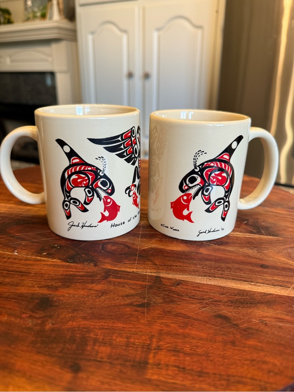 2 Jack Hudson Indigenous Art "House of the Wolf" Metlakatla Alaska Mug 1992 Vtg